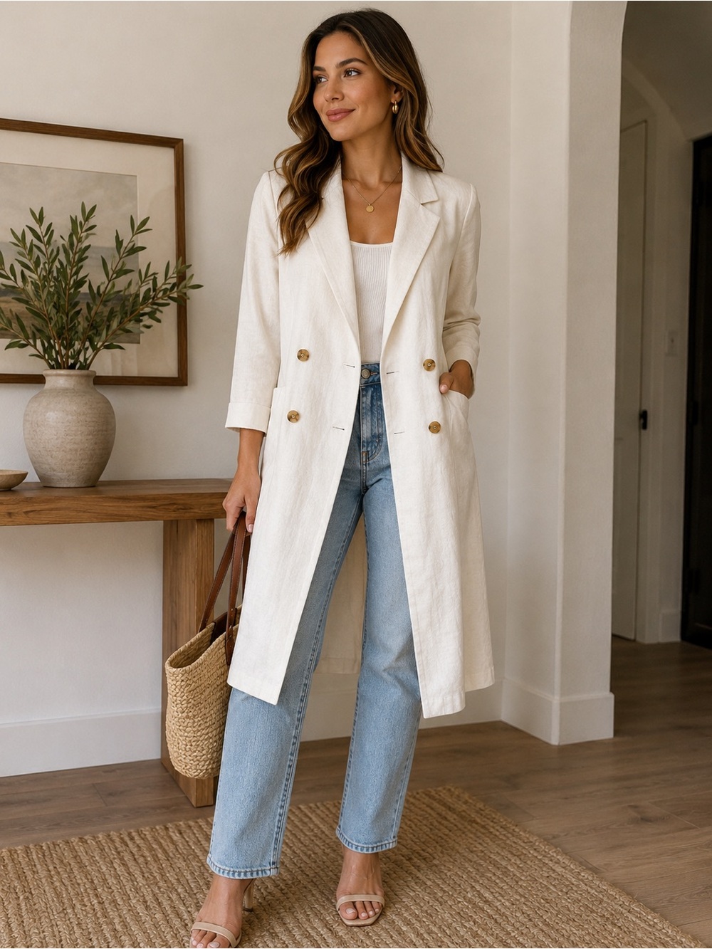 Double-Breasted Trench Coat in Ivory by